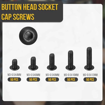 DTGN 250Pcs M3-0.5x4/6/8/10/12 Button Head Socket Cap Screw Carbon Steel - color: Black, size: M3-0.5x4/6/8/10/12mm