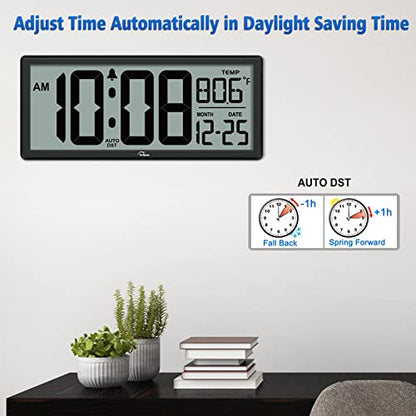 WallarGe 14.5'' Large Digital Wall Clock Battery Operated - color: Black