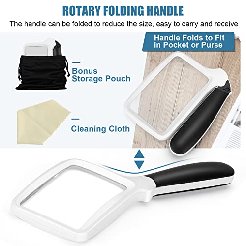 Folding Handheld Magnifying Glass with Light, 3X Large Rectangle Reading Magnifier, Dimmable for Seniors with Macular Degeneration, Newspaper, Books, Small Print, Lighted for Low Visions White Black - color: White