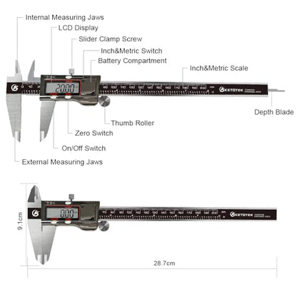 KETOTEK 8 Inch Digital Caliper Measuring Tool, Stainless Steel Micrometer - color: Black, size: 8 Inch