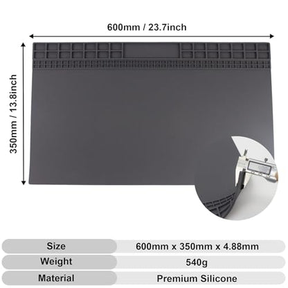 Extra Large Soldering Mat 23.7''x13.8'' Premium Silicone 932°F Heat Resistant Repair Mat Non-Slip Large Silicone Mat for Soldering Iron, DIY Projects, Electronics, Phone, Laptop Repair (Grey) - color: Grey
