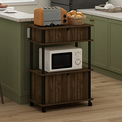 Furinno Turn-N-Tube Kitchen Storage Cart with Cabinet and Lockable Wheels, Columbia Walnut/Black - color: Columbia Walnut/Black, size: 3-Tier with Cabinet