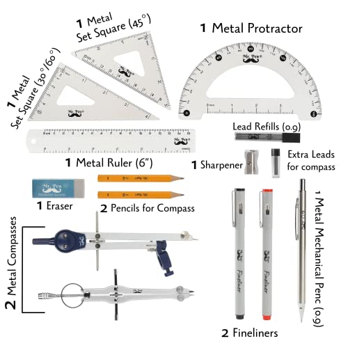 Mr. Pen- Professional Geometry Set, 15 pcs, Drafting Tools with Protractor - color: Silver
