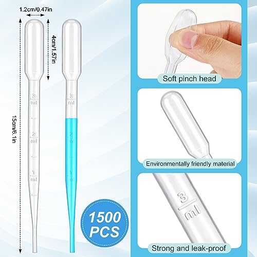 Kanayu 1500 Pieces 3ML Plastic Transfer Pipettes Plastic Eye Droppers Laboratory Disposable Pipettes Calibrated Dropper for Liquid Essential Oil Laboratory Science Experiment DIY Art - size: 3ml