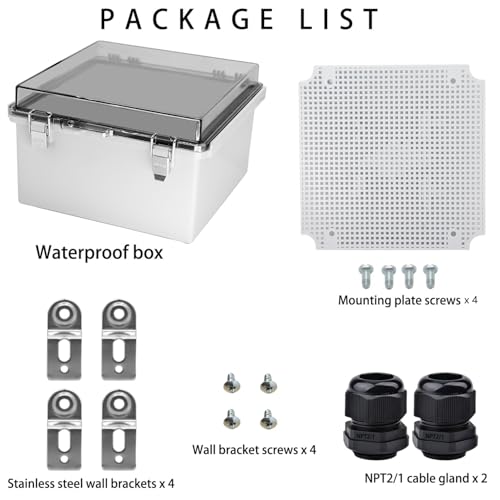 Waterproof Electrical Box with Mounting Plate, IP67 Junction Box Stainless Steel Latch Hinged Clear Cover Project Enclosure with Wall Bracket and 2 Glands 8.3" x 8.3" x 5.1" - color: Clear, size: 8.3" x 8.3" x 5.1"