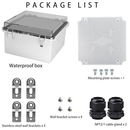 Waterproof Electrical Box with Mounting Plate, IP67 Junction Box Stainless Steel Latch Hinged Clear Cover Project Enclosure with Wall Bracket and 2 Glands 8.3" x 8.3" x 5.1" - color: Clear, size: 8.3" x 8.3" x 5.1"