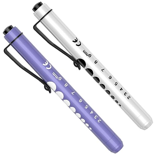 RISEMART Pen Lights for Nurses, 2Pack Reusable Medical Pen Light with Pupil Gauge and Ruler, White Light LED Penlight for Nurse Student Doctors EMT (White/Purple) - color: White and Purple