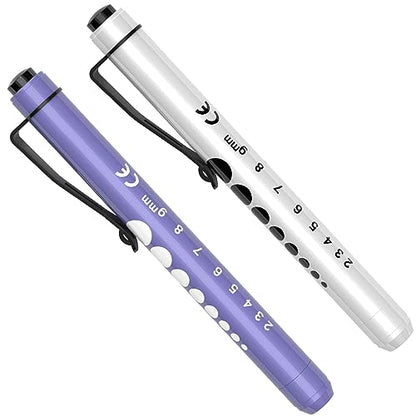 RISEMART Pen Lights for Nurses, 2Pack Reusable Medical Pen Light with Pupil Gauge and Ruler, White Light LED Penlight for Nurse Student Doctors EMT (White/Purple) - color: White and Purple