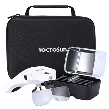 YOCTOSUN Magnifying Glasses with Light, LED Head Magnifier with 5 Lenses, Headband, Storage Case, Hands Free Lighted Head Magnifying Visor for Close Work Hobby Crafts - style: Head Magnifier with 2 LED Lights & Storage Case