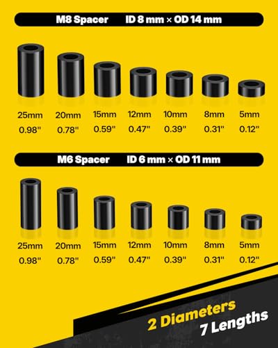 Vibit 320 Pcs M6/M8 Nylon Spacers for Screws, ID 6 mm/8 mm & OD 11 mm/14 mm, 7 Lengths – 5 mm 8 mm 10 mm 12 mm 15 mm 20 mm 25 mm, Non-Threaded Plastic Spacers Round Spacers for M6 M8 Screws, Black - size: M6/M8,320PCS