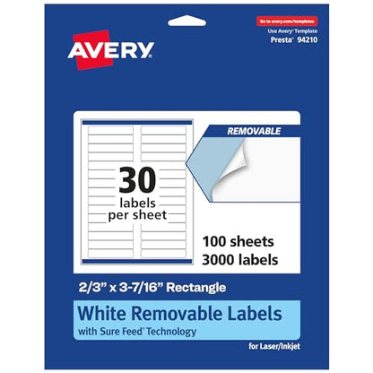 Avery® Matte White Removable Rectangle Labels, Sure Feed® Technology, 2/3" x 3-7/16", 3,000 Removable Labels, Laser/Inkjet Printable - style: 3,000 labels