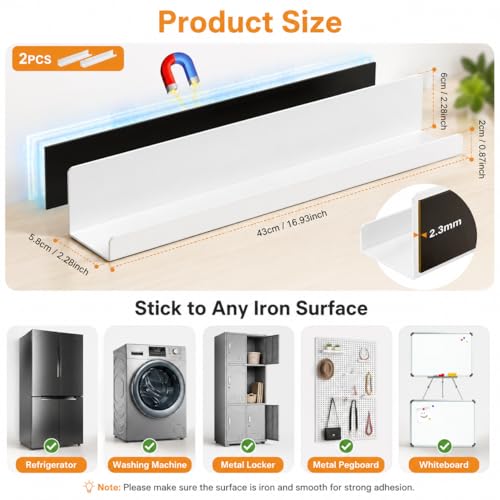 2 Pack Magnetic Book Shelf for Whiteboard, 17 Inch Heavy Duty Metal Magnetic Shelves, Holds 12 lbs, Magnetic Book Display for Classroom Furniture, Office - White - color: White