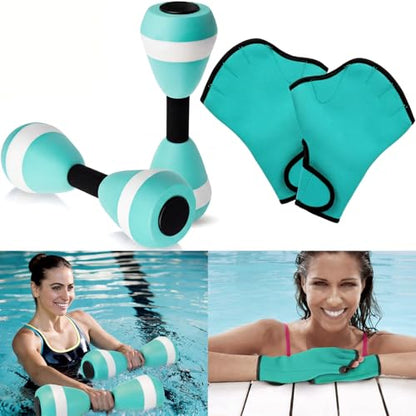 Seenelling Water Aerobics Set for Adults Neoprene Swim Gloves 2 Foam Aquatic Dumbbells Pool Exercise Equipment Water Weights for Aquatic Fitness Low Impact Pool Workouts - color: Mint Green