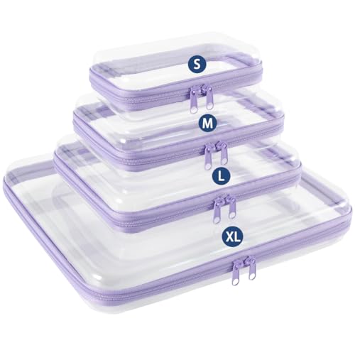 4PCS Clear Hard Shell Zippered Case,4 Sizes Durable Clear Travel Toiletry Bag, Waterproof Cosmetic Bag, Toy Storage Organizer Bins,Pencil Case - Purple - color: Purple