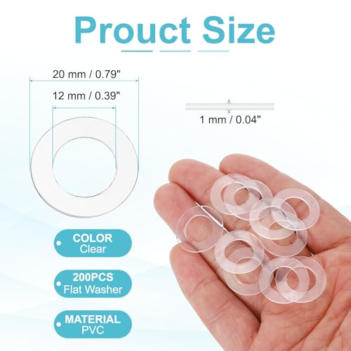 PATIKIL Flat Washer, 200 Pcs PVC Plastic Washers Round Sealing Spacer Gasket 12mm ID 20mm OD 1mm Thickness for Shower Door Handles Towel Bars Grommets Hardware Replacement, Clear - size: 12mm ID x 20mm OD x 1mm Thickness