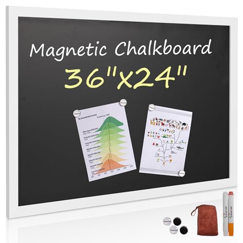 Rustic Wood Framed Magnetic Chalkboard 24 x 36, Large Hanging Chalk Board Sign for Kids, Non-Porous Wall Blackboard for Wedding Kitchen Restaurant Menu and Home with 4 Unique Magnets, White - color: White