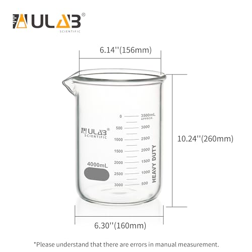 ULAB Heavy Duty Glass Beakers, Vol.4000ml (135oz), Borosilicate 3.3 Glass, Thick Wall Beakers, with Double Scale, Superior Durability & Chemical Resistance, UBG1067 - style: 1pc of Vol.4000ml