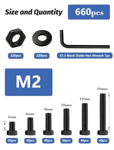 660PCS M2 Screws Kit, 12.9 Grade Alloy Steel Socket Head Cap Screws with Hex Nuts, Flat Washers, Metric Bolt Set S1.5 Hex Key Included, Black Oxide, 3D Printing Electronics Repair - size: M2 660pcs
