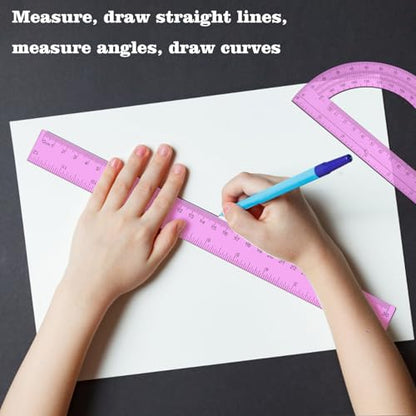 2 Packs 12 Inch Plastic Ruler and 6 Inch Plastic Protractor Set Clear Math Geometry Set Classroom Set Angle Detector School Supplies Classroom Ruler Home Office Drawings (Pink) - color: Pink