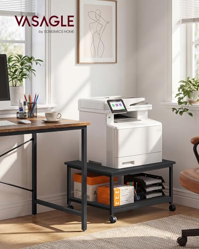 VASAGLE 2-Tier Printer Stand with Locking Wheels, Under Desk Printer Table - color: Ebony Black, size: 2 Tiers/Large