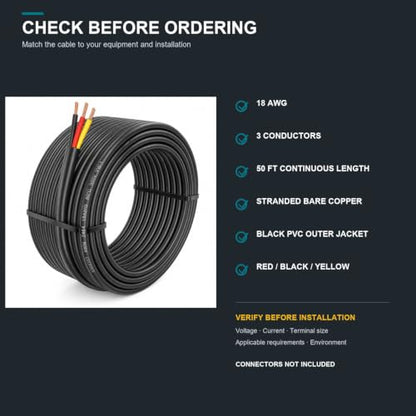 TUOFENG 18 AWG 3-Conductor Stranded Copper PVC Wire, 50 FT - size: 18 AWG PVC Stranded 3-Conductor Wire 50ft