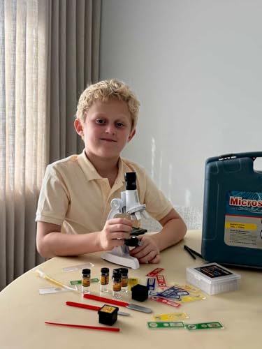 Uarzt Kids Beginner Microscope Science Kit with 100X-1200X, 13 Prepared Slides & DIY Blank Slides, 18MM HD Len, LED Light Adjustable and ABS Box, Microscope for Kids 5-7 8-12 - color: White