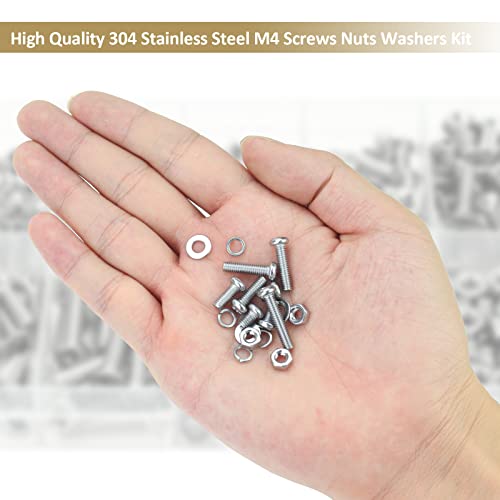 382 Pieces M4 x 5/6 /8/10 /12/16 /20mm Phillips Pan Head Machine Screws Nuts Washers Assortment Kit, 304 Stainless Steel, Fully Machine Thread - size: M4