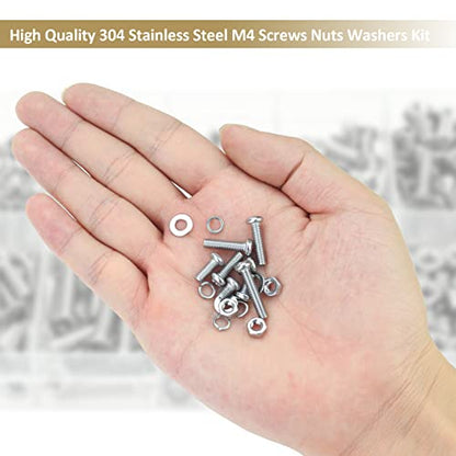 382 Pieces M4 x 5/6 /8/10 /12/16 /20mm Phillips Pan Head Machine Screws Nuts Washers Assortment Kit, 304 Stainless Steel, Fully Machine Thread - size: M4