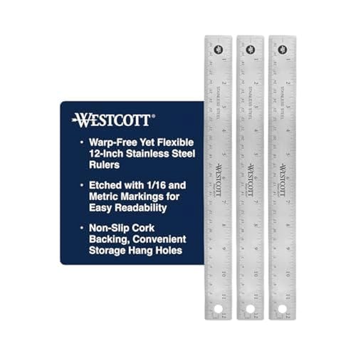 Westcott Stainless Steel Ruler Set with Non-Slip Cork Backing, Easy to Read Etched Markings, Flexible and Sturdy Design, for Crafting, Office, Classroom, Back to School Supplies, 12-Inch, 3 Pack - color: Silver – 3 Pack