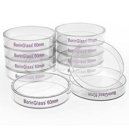 BorinGlass Petri Dishes, Autoclavable Cell Culture Dishes Lab Dishes with Clear Lid, 60x15 mm, Pack of 10