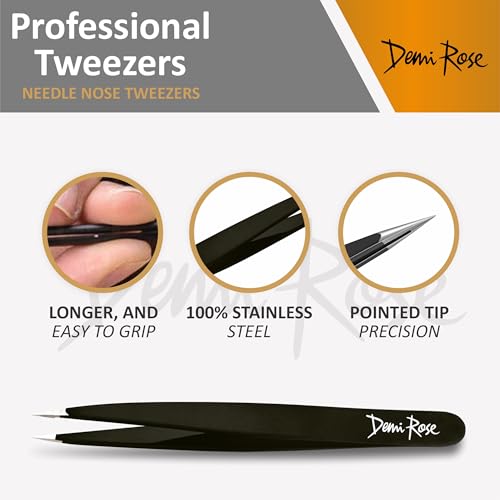 Pointed Tweezers - High Carbon Stainless Steel Fine Point Precision Tweezers for Ingrown Hair Removal - Perfectly Aligned Hand Filed Sharp Tweezer - Needle Nose Tweezers (Black) - color: Black Coated