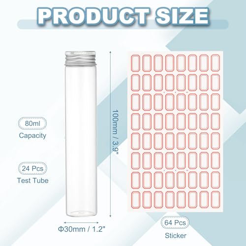 PATIKIL 80ml Test Tubes with Caps, 24Pcs 30x150mm Glass Clear Flat Bottom Test Tube Containers with Plastic Cap for Bead Party Candy Bath Salt Storage Scientific Experiment Plant(Silver) - color: Silver, size: 30x150mm