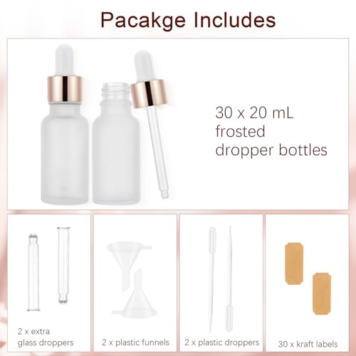 30 Pack 20ml Frosted Glass Sample Dropper Bottles, Rose Golden Caps - color: Frosted, size: 20mL-30pcs