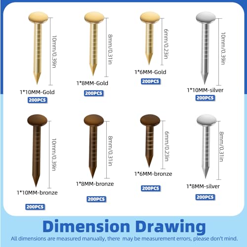 Glarks 1600Pcs Small Tiny Nails Kit Wooden Screw Nail Gold Silver Bronze 1x6mm, 1x8mm 1x10mm Mini Nails for DIY Hardware Accessories Fixed Installation