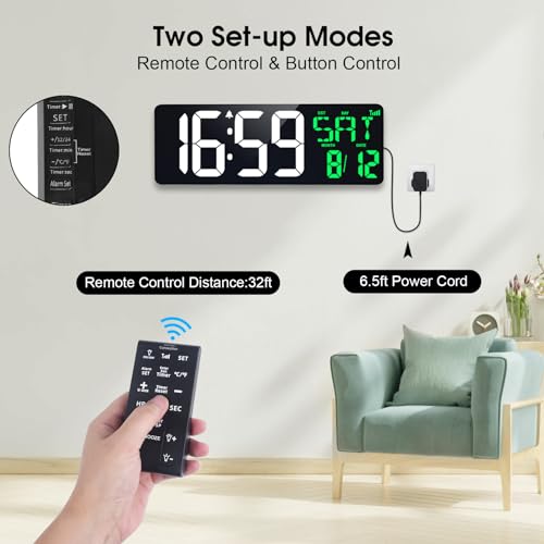 17" Large Digital Wall Clock, Bluetooth Sync, Auto Dimmer, Remote - color: White+green