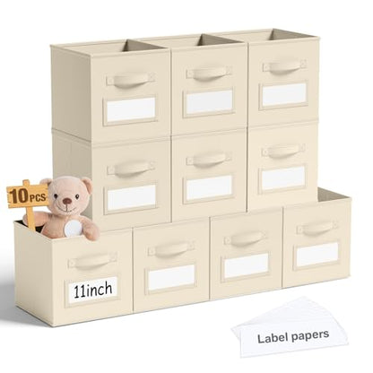 10 Pack Fabric Storage Cubes with Label 11" Collapsible Cube Bins, Beige - color: Beige, size: 11 Inch