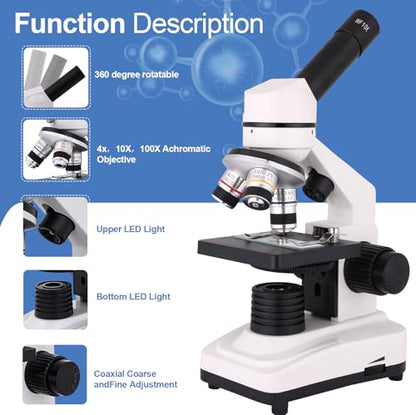 Microscope for Adults & Kids, 40X-2500X High-Power Compound Microscope for Students, School Lab & Home Schooling,Equiped with Slides Set & Phone Holder (Black and White) - color: black and white