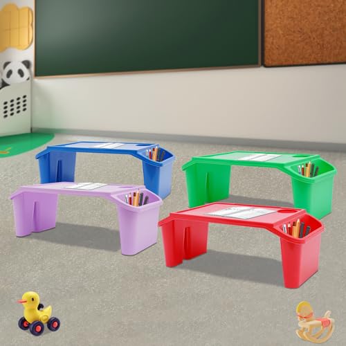 Kids Lap Desk Tray with Side Pockets, Plastic Breakfast Laptop Trays Kids Activity Lap Desk Tray Portable Bed Table Lap Desk for Kids Students Work Study School Classroom (4Pcs, 4 Color B)