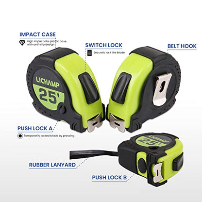 LICHAMP Tape Measure 25 ft, 6 Pack Bulk Easy Read Measuring Tape Retractable with Fractions 1/8, Multipack Measurement Tapes 25-Foot by 1-Inch, C6GN - color: Green