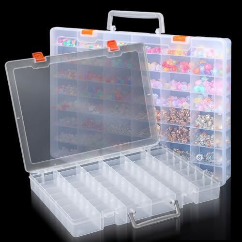 2 Pcs Large 48 Grids Clear PP Plastic Organizer Box with Adjustable Dividers, Multi-Compartment Storage for Jewelry, Beads, Tackle, Arts, Crafts, and Small Parts