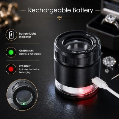10X Rechargeable Jewelers Loupe Magnifier with LED Light & Detachable Reticle Scale, 25mm Field of View, Adjustable Focus Scale Loupe Jewelry Magnifying Glass for Gems, Coins, Watches, Close Work - color: 1 Glass Reticle Scale