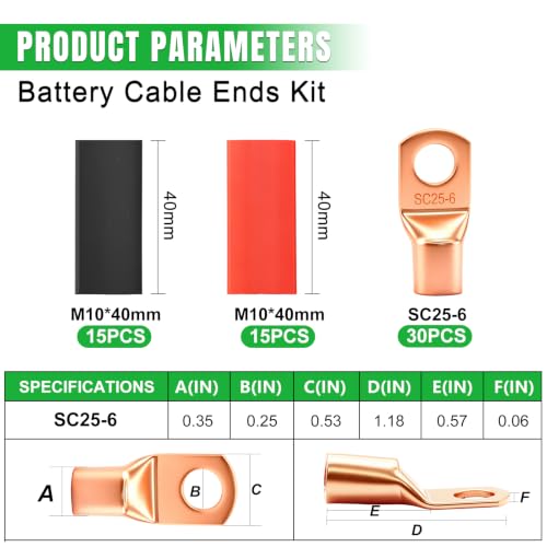 Twidec/30PCS AWG 4 Copper Wire Lugs Battery Cable Ends SC25-6,Ring Terminals Connectors,Copper Ring Terminals,Battery Terminals Connectors Kits with Heat Shrink - color: 31PCS