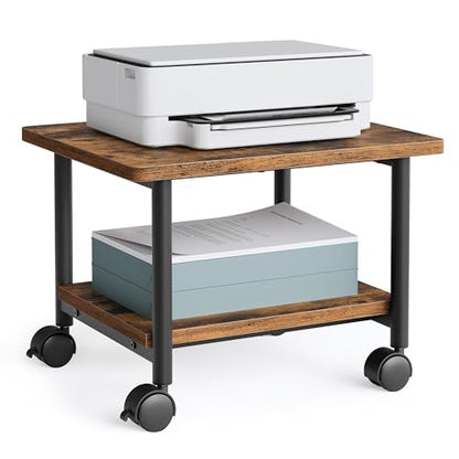 VASAGLE 2-Tier Printer Stand with Locking Wheels, Under Desk Printer Table - color: Rustic Brown + Ink Black, size: 2 Tiers/Compact