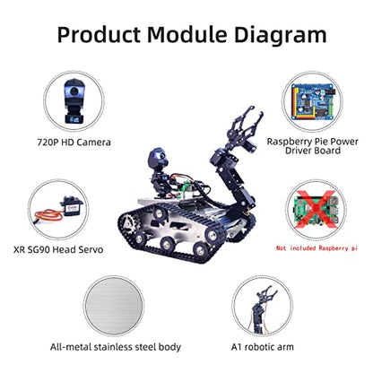 Smart Robot Car Kit for Raspberry Pi, Tank Robot Chassis Real-Time Video Transmission, WiFi/Bluetooth Control, Path Planning, Programmable Robot Kit (Without Raspberry Pi-Silver) - color: Without Raspberry Pi-silver