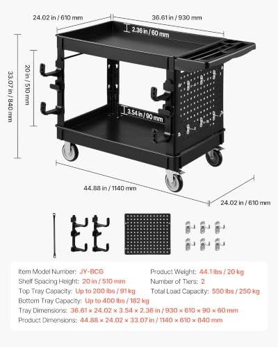 VEVOR Utility Cart with Tray & Pegboard, 44.8 x 24in 2 Tier Service Cart with 360° Swivel & Fixed Wheels (2 Brakes), 550 LBS Work Cart Tub Storage W/Deep Shelves, Tool Storage for Garage Warehouse - size: 44.8 × 24 × 33 in