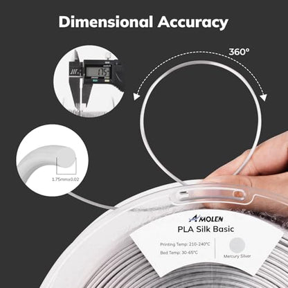AMOLEN Silver Silk PLA Filament Shiny 3D Printer Filament 1.75mm +/- 0.02mm for 3D Printing 1kg(2.2lbs)/Spool Compatible with Most FDM Printer - color: Mercury Silver