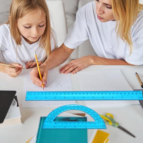 2 Packs 12 Inch Plastic Ruler and 6 Inch Plastic Protractor Set Clear Math Geometry Set Classroom Set Angle Detector School Supplies Classroom Ruler Home Office Drawings (Blue) - color: Blue