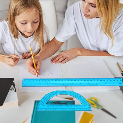 2 Packs 12 Inch Plastic Ruler and 6 Inch Plastic Protractor Set Clear Math Geometry Set Classroom Set Angle Detector School Supplies Classroom Ruler Home Office Drawings (Blue) - color: Blue