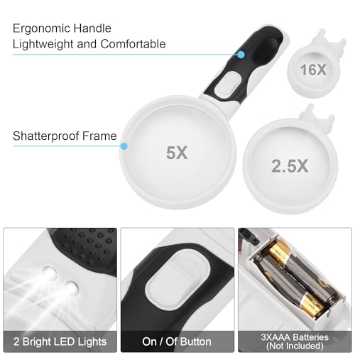 Rongon 3PCS Magnifying Glass with Light Handheld Magnifier(2.5X & 5X & 16X) - size: 3 Lens (2.5X + 5X + 16X)