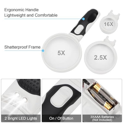 Rongon 3PCS Magnifying Glass with Light Handheld Magnifier(2.5X & 5X & 16X) - size: 3 Lens (2.5X + 5X + 16X)